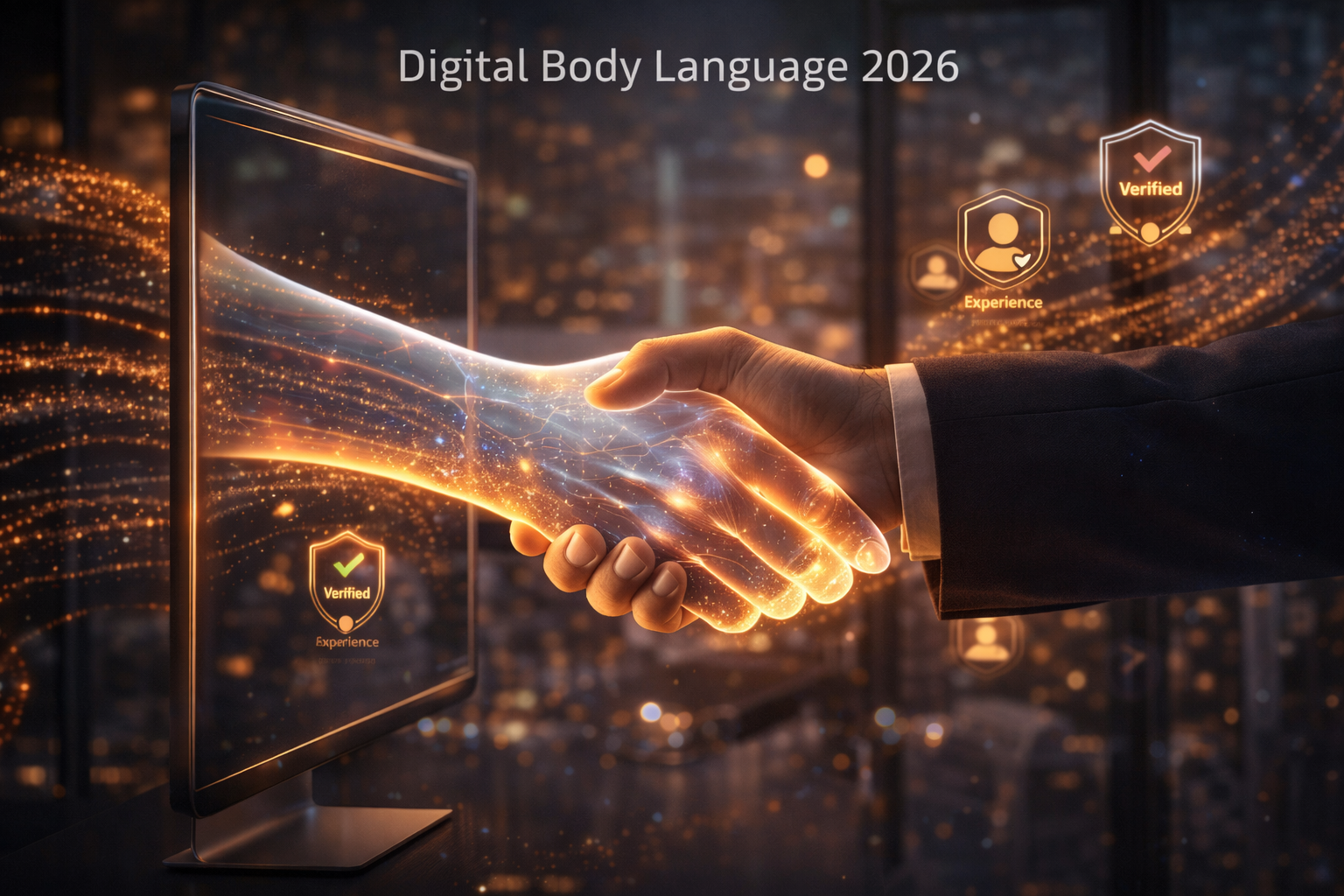 Ein digitaler und ein realer Händedruck verschmelzen vor einem Hintergrund aus Datenströmen, um das Konzept der digitalen Körpersprache und des Vertrauensaufbaus zu illustrieren.