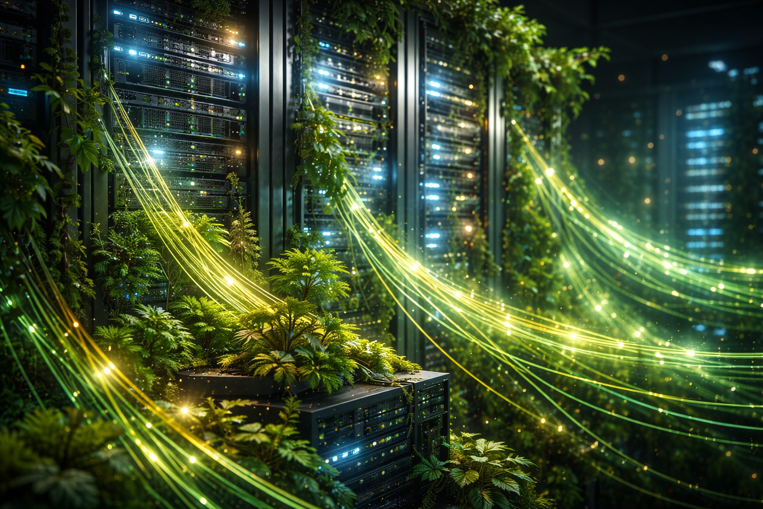 Ein futuristisches, leuchtendes Server-Rack, aus dem organisch grüne Pflanzen und Bäume wachsen. Es symbolisiert die Verschmelzung von Hochtechnologie und Klimaschutz durch Green Coding.