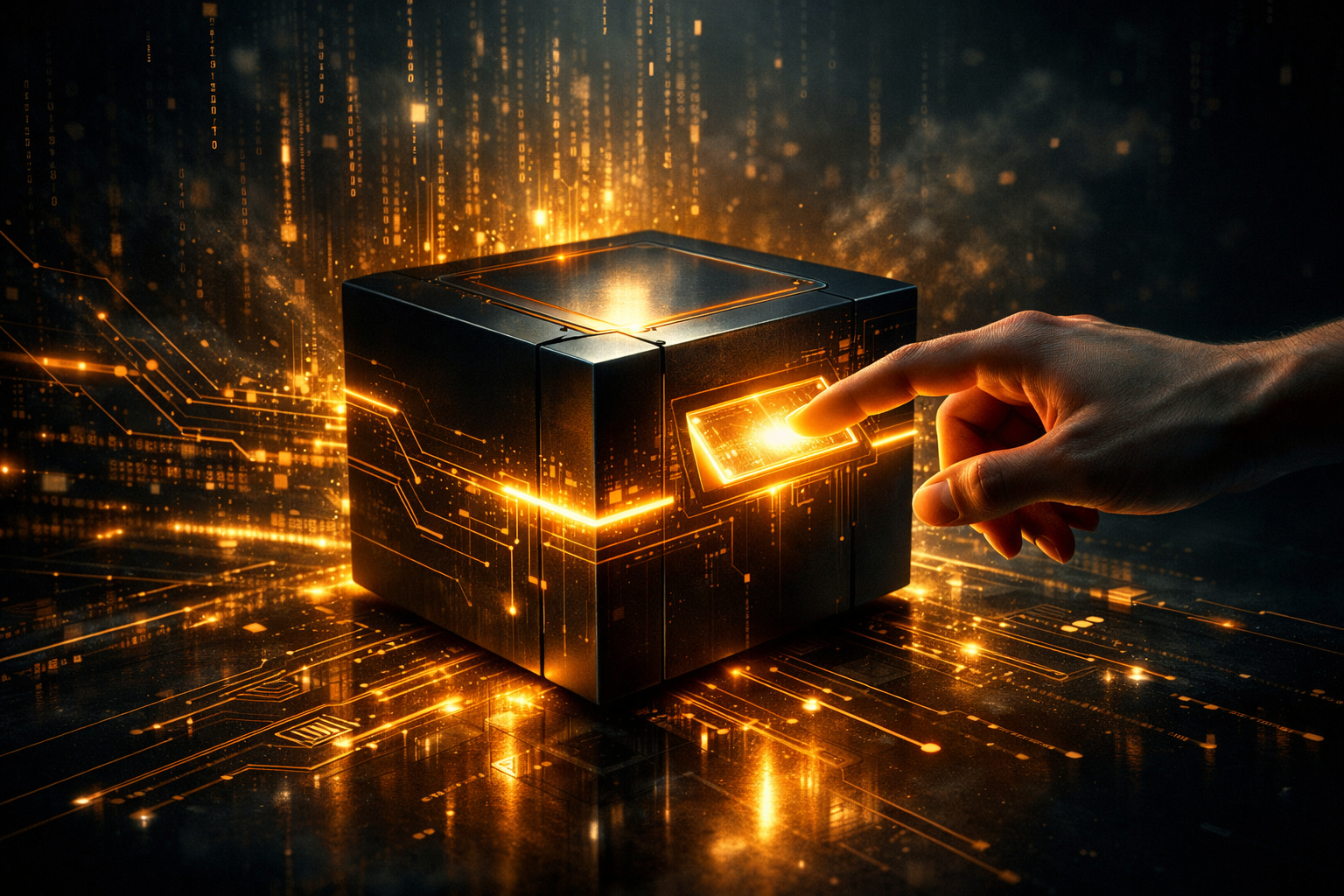 Eine leuchtende, komplexe Black Box in einem dunklen Raum, aus der goldene Datenströme fließen, während eine menschliche Hand versucht, einen Schalter zu finden.