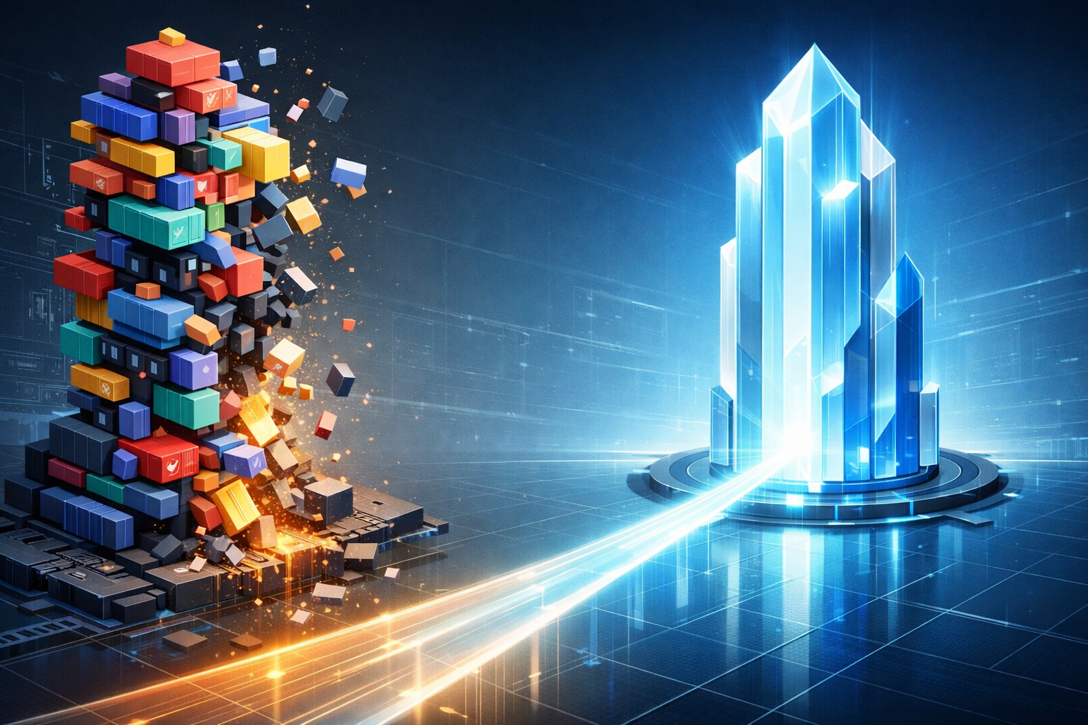 Eine isometrische Darstellung, die einen einstürzenden Turm aus chaotischen Blöcken einer soliden, futuristischen Kristallstruktur gegenüberstellt, die moderne Webstandards symbolisiert.