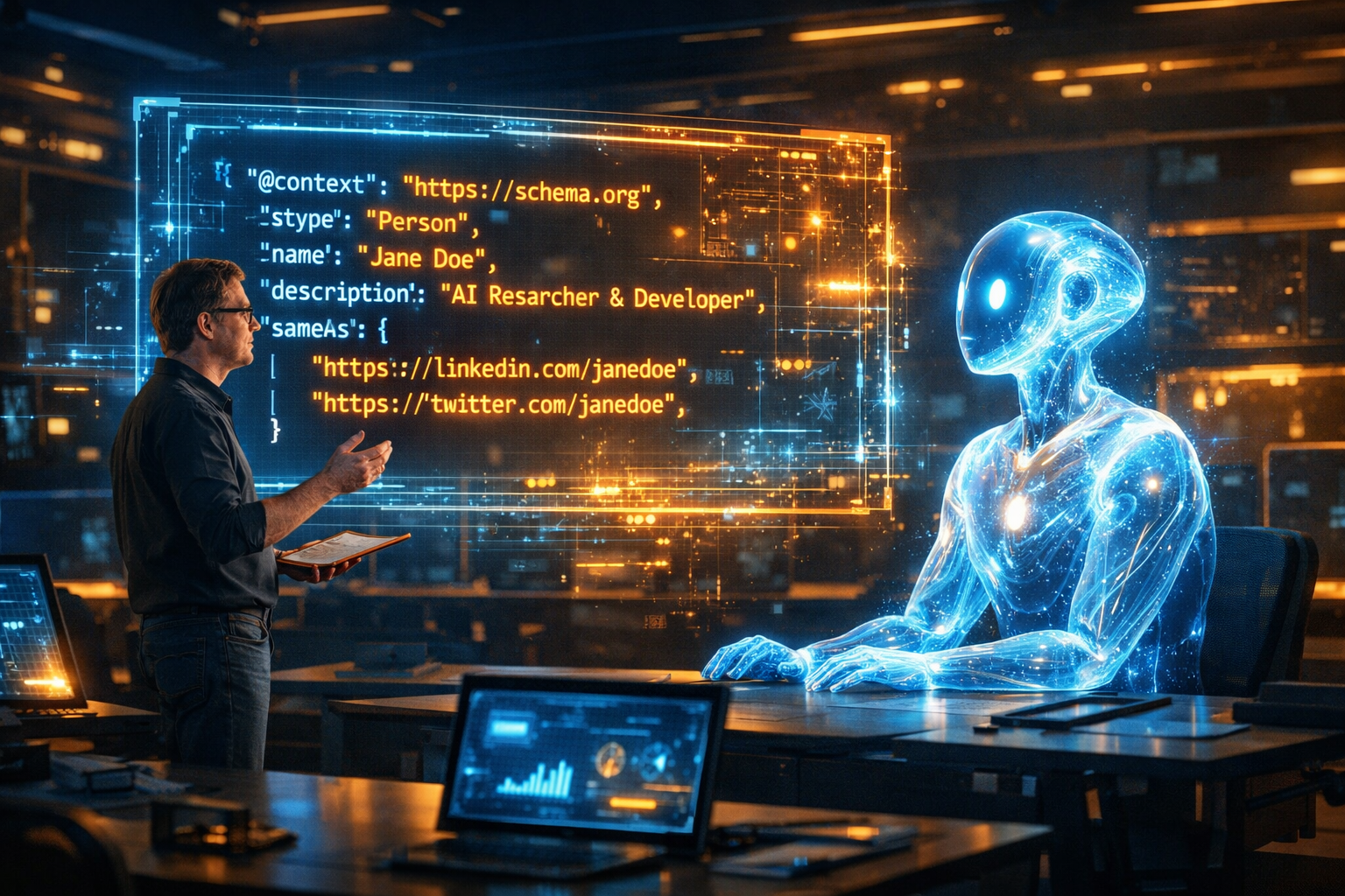 Ein menschlicher Entwickler erklärt einer Künstlichen Intelligenz holografische JSON-LD Code-Strukturen, was das Konzept von Schema Markup symbolisiert.