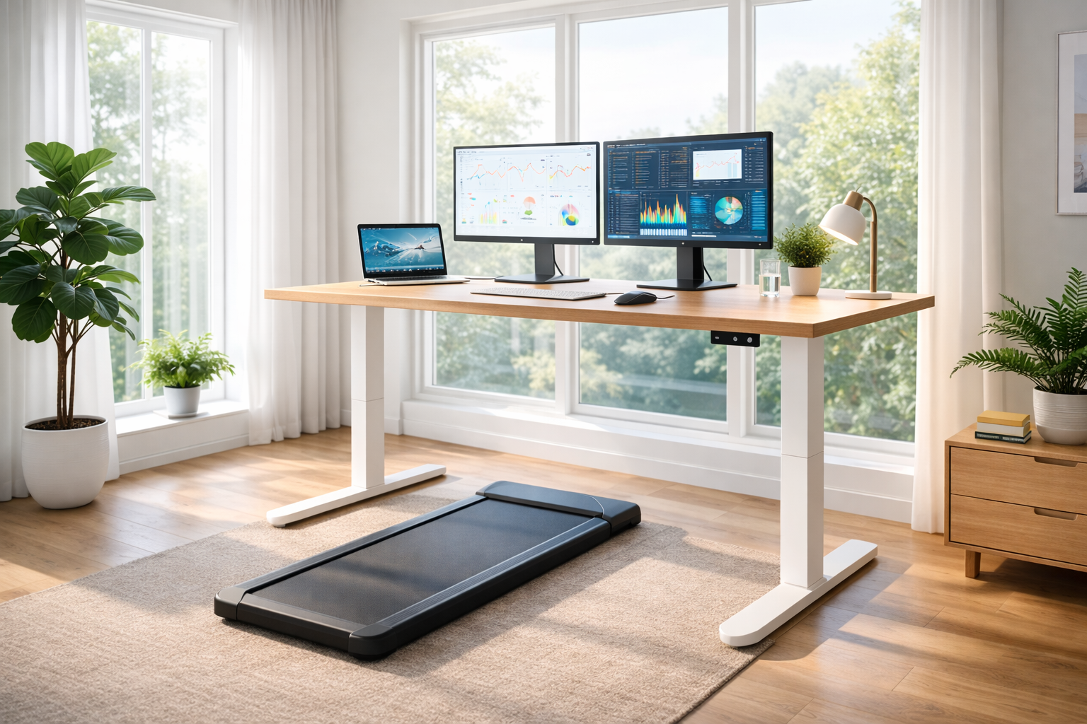 Ein minimalistisches, helles Home Office mit einem schlanken, faltbaren Walking Pad unter einem höhenverstellbaren Schreibtisch; der Fokus liegt auf der nahtlosen Integration von Design und Technik.